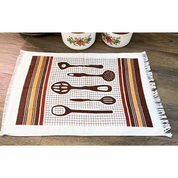 VINTAGE Kitchen Towel 80s White Brown Fringe Dish Hand Deadstock - Picture 5 of 6